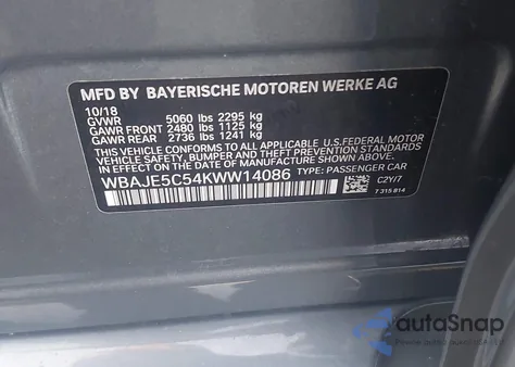 2019 BMW 540I из США, поврежденный, VIN WBAJE5C54KWW14086